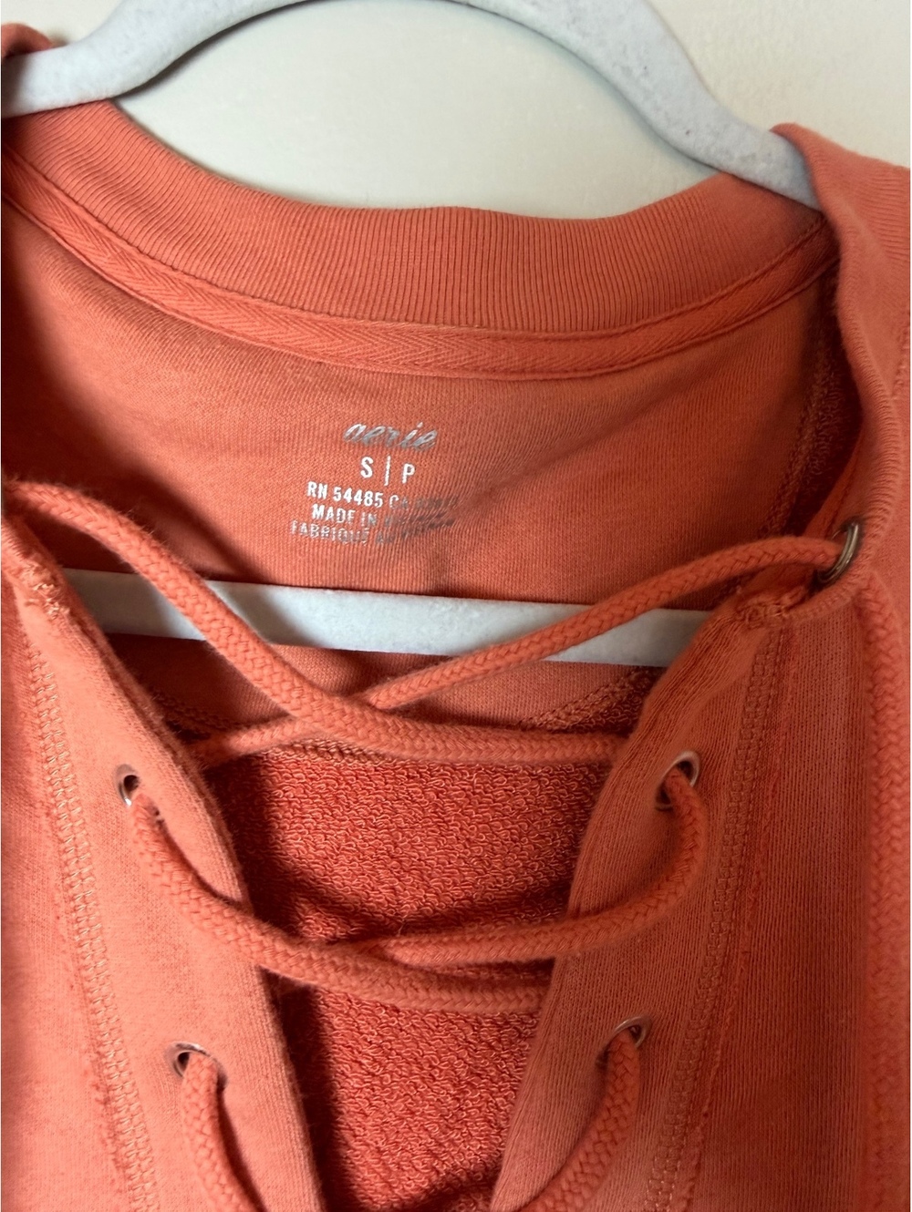 Aerie Lace-Up Pullover Sweatshirt in Coral, Size S/P - Picture 3 of 7